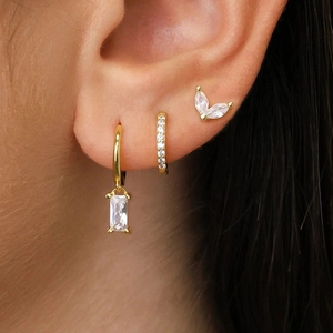 Juego de Pendientes Geométricos de Circonia Baguette Latón Chapado en Oro Plata Pendientes de Botón y Aro para Mujer Joyería