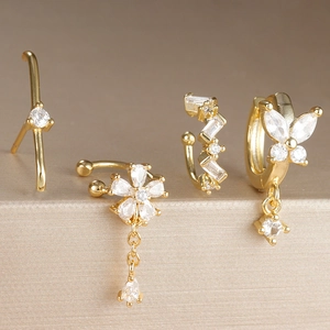 Women Zirconia Copper Earring Collection Gold Silver Plated Flower Butterfly Tassel Ear Cuff Stud Jewelry For Daily Wear Party