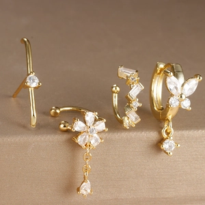 Golden flower and tassel earring set with zircon in 18k gold plating for women