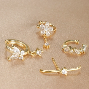 Elegant 18k gold plated flower stud earrings and zircon ear cuff set for women