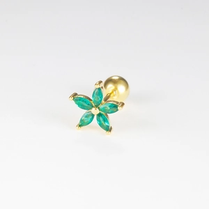 Golden flower helix piercing with five green marquise-cut zircons and screw ball back
