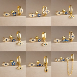 Pendientes de Cobre Ojo Turco Juego de 3 Piezas Poste de Plata Ley 925 Strass Azul Blanco Pendientes de Botón Mujer