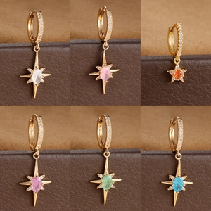 Vintage Octagram Star Earrings For Women Elegant Rhinestone Inlaid Gold Plated North Star Hoop Earrings Daily Party Fashion Jewelry