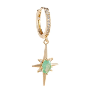 Elegant gold octagonal star earrings with green crystal and sparkling cubic zirconia
