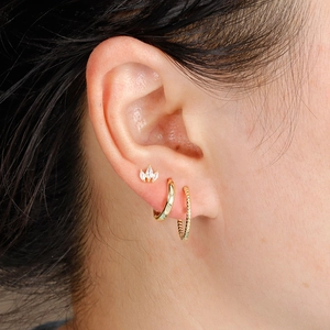Three-piece gold twisted hoop earrings and crystal stud set for cartilage piercing