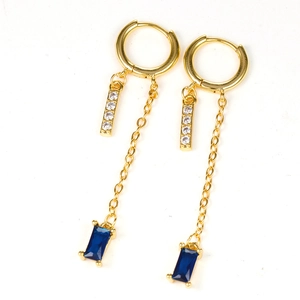 Elegant gold chain earrings with star zircon stud and blue rectangular gem pendant