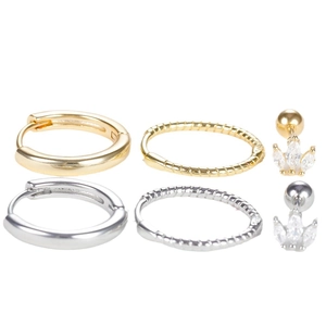 6-piece twisted metal hoop and crown stud earring set with cubic zirconia in gold and silver