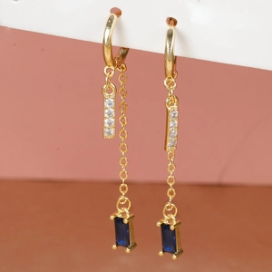 Elegant gold drop earrings with blue sapphire zircon and delicate chain fringe