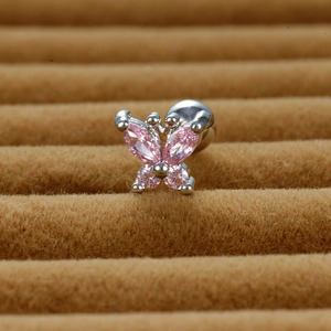 Macro shot of stainless steel butterfly stud earring with pink marquise-cut cubic zirconia