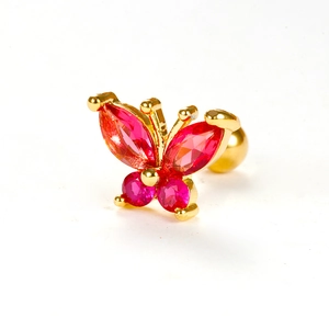 Golden butterfly stud earring with pink zircon crystals and secure screw ball backing