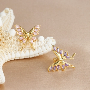 316L gold plated stainless steel butterfly cartilage stud earrings with cubic zirconia stones