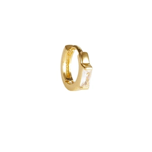 Minimalist 18K gold huggie earring with a single rectangular zircon stone on white background