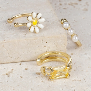 Set aus Zirkonia-Ohrklemmen mit Gänseblümchen, Perlen und gelben Edelsteinen für Damen