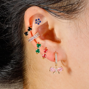 Bowknot zircon earring set with colorful floral studs and gold hoop drop pendant