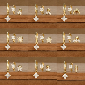Fashion Copper Zirconia Star Moon Flower Stud Earrings Set With 925 Sterling Silver Earring Post For Women Jewelry Gift