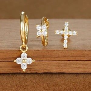 Golden S925 sterling silver geometric earring set with zircons and floral cross designs