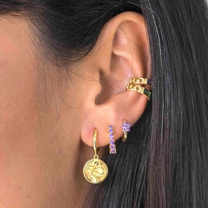 Close-up of gold snake hoop earrings and purple zircon studs set on a model