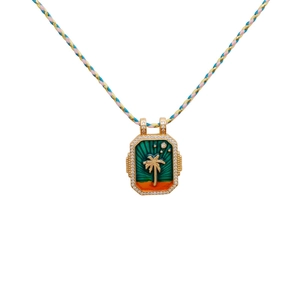 Collier Tarot tropical avec pendentif émail palmier et chaîne en corde tressée colorée
