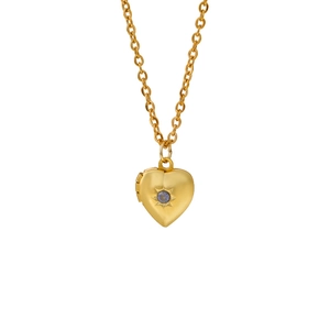 Golden heart locket necklace with purple birthstone and radial star engraving