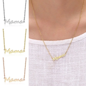 Minimalist MAMA letter pendant necklace available in gold, silver, and rose gold finishes