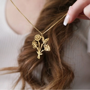 Collier Bouquet de Fleurs de Naissance Personnalisé en Acier Inoxydable Plaqué Or Véritable Bijoux Pour Femmes