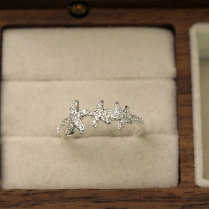 Détail d'une bague étoile de mer en argent avec zircons dans un écrin à bijoux en velours