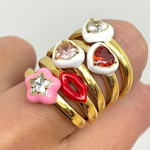 Bague Ajustable en Cuivre Plaqué Or 18K Cœur Étoile Lèvres Émail Cœur Coupé Zircon Bagues Ouvertes pour Femmes Bijoux de Mode Cadeau
