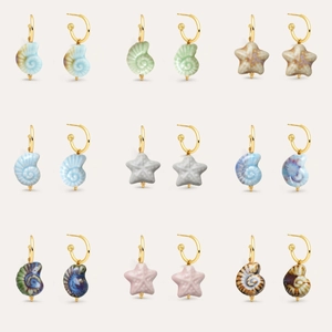 Ocean Theme Conch Starfish Hoop Earrings For Women Gold Plated Stainless Steel With Ceramic-Look Pendant Vacation Jewelry