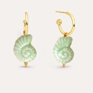 Detail of light green conch shell pendant earrings with 18K gold plated hoop design