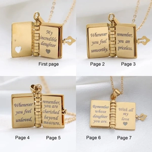 Stainless Steel Book Locket Necklace For Daughter Heart Pattern Inscribed Photo Album Pendant Necklace Gift For Women Girls Jewelry