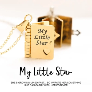 Golden book locket necklace engraved My Little Star with heart cutout and chain