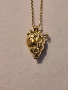 Dettaglio ravvicinato di una collana con ciondolo a cuore anatomico dorato stile hip-hop