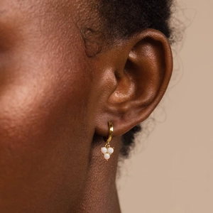 Elegant 18K gold plated hoop earrings featuring three round white opal stone pendants