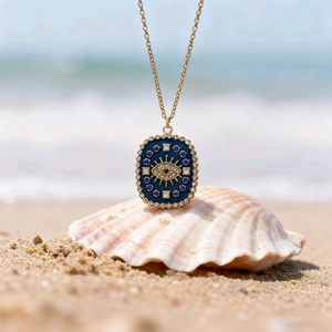 Nahaufnahme der Goldkette mit blauem Emaille-Auge und Strasssteinen über einer Muschel