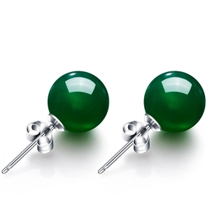 Elegant green chalcedony stud earrings with silver-plated butterfly backs on white background