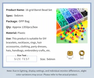 Detailed view of 18-compartment box with 9x6mm colorful plastic barrel beads for DIY crafts