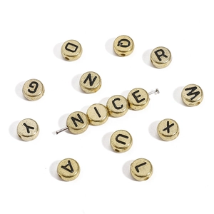Flat round gold alphabet beads with black letters for DIY jewelry making and bracelets