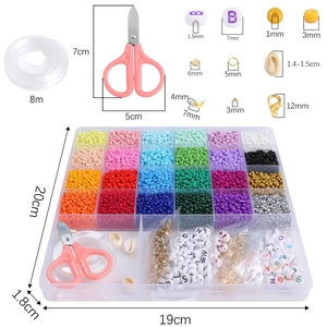 Macro view of 24-compartment DIY jewelry kit including 3mm seed beads and tools