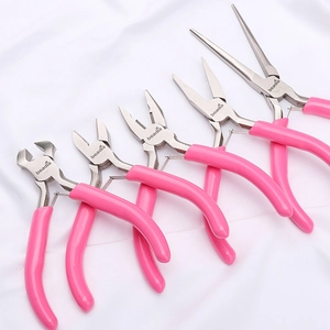 Detailed set of five pink handle jewelry pliers for DIY craft and wire wrapping tools