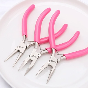 Detailed set of three pink-handled jewelry pliers for DIY craft and wire wrapping work