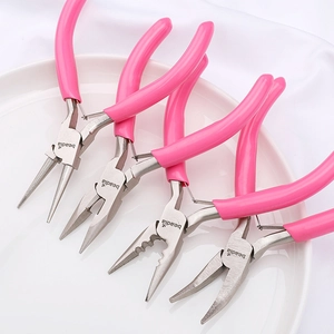 Close-up of four glitter pink jewelry pliers set including round and needle nose tools