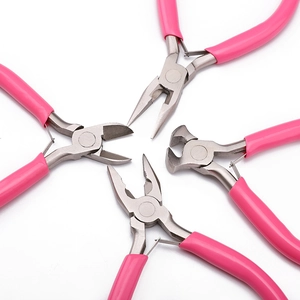 4-piece pink handle jewelry tool set including needle-nose and round-nose pliers