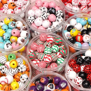 Bedrukte Houten Kralen Gemengde Patronen Kerst Sneeuwpop Halloween Dieren Ronde Tussenkralen Voor DIY Sieraden Maken Ambachten