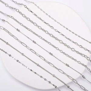 Collection of eight polished stainless steel DIY chains for jewelry making and crafts