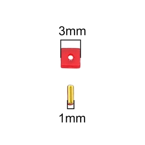 Detail view of 3mm red square crystal glass bead and 1mm gold metal cylinder spacer
