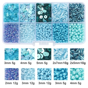 DIY jewelry kit with blue and purple beads, sequins, and pearls in 10-grid storage box