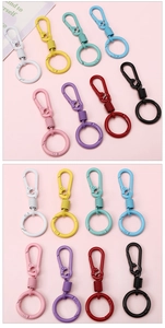 Détails des porte-clés en métal coloré macaron montrant diverses finitions