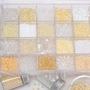 Gedetailleerd overzicht van 20-vaks organizer met champagne en witte DIY glazen kralen set