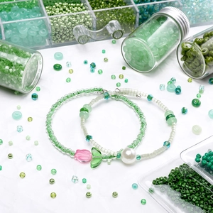 DIY green glass beaded bracelets with tulip charms and pearls for handmade jewelry making