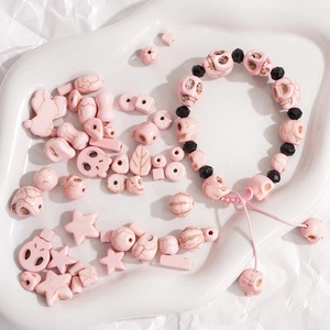 Pink synthetic turquoise bead set with skull stars and woven bracelet for DIY jewelry making